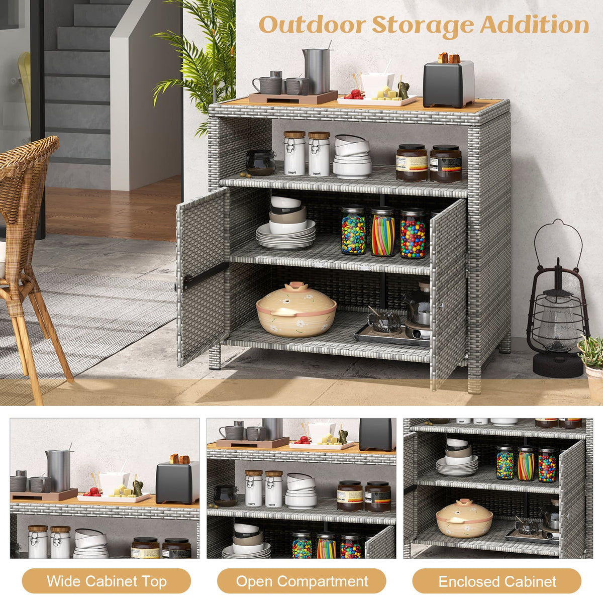 Rattan Storage Cabinet with Acacia Wood Countertop for Poolside Deck and Patio-Gray view 7