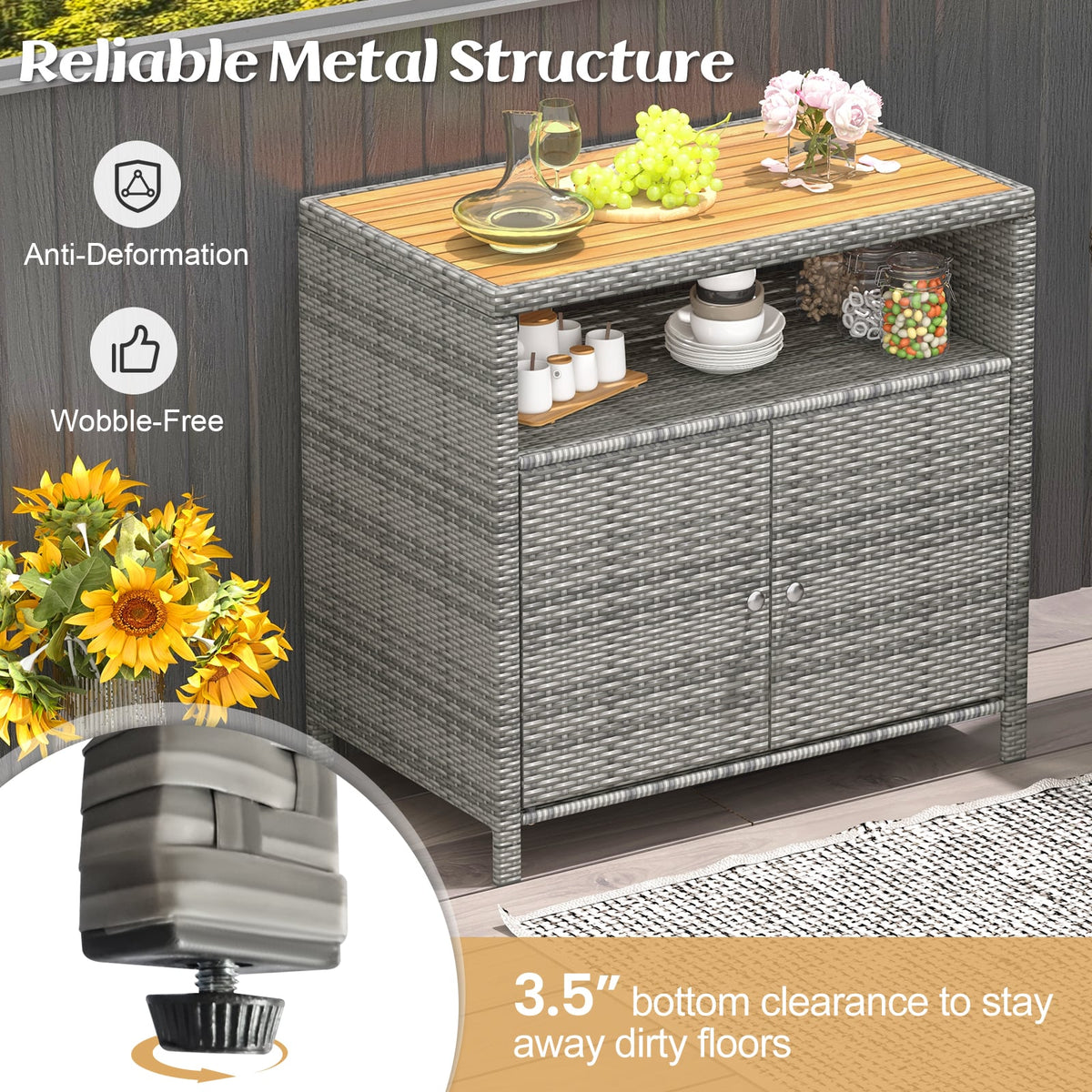 Rattan Storage Cabinet with Acacia Wood Countertop for Poolside Deck and Patio-Gray view 8