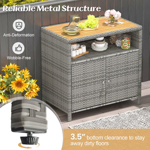 Rattan Storage Cabinet with Acacia Wood Countertop for Poolside Deck and Patio-Gray view 8