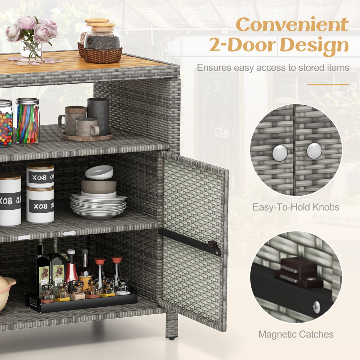 Rattan Storage Cabinet with Acacia Wood Countertop for Poolside Deck and Patio-Gray view 9