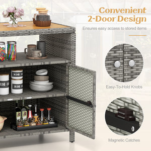 Rattan Storage Cabinet with Acacia Wood Countertop for Poolside Deck and Patio-Gray view 9