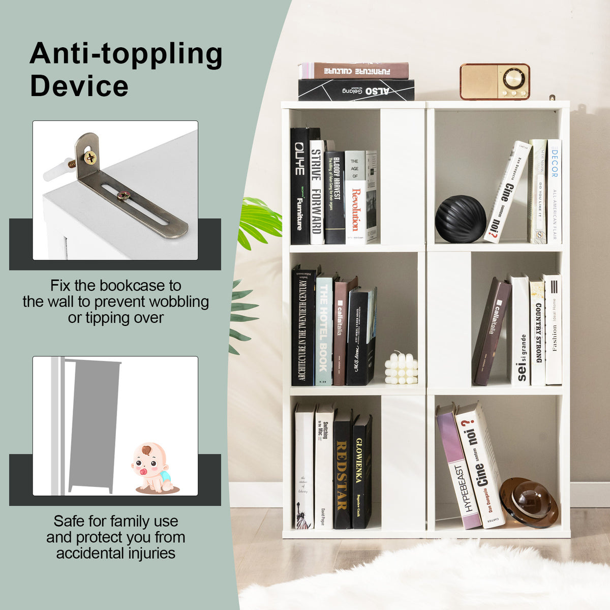3-Tier 6 Cube Freestanding Bookcase with Anti-toppling Device-White view 9