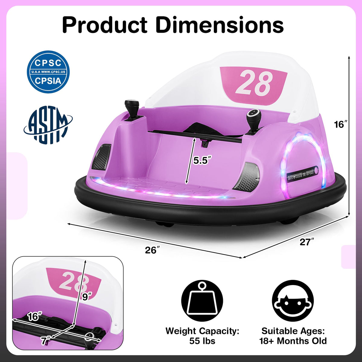 12V 360° Ride on Bumper Car for Toddlers with Remote Control-Pink view 4