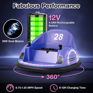 12V 360° Ride on Bumper Car for Toddlers with Remote Control-Purple view 7