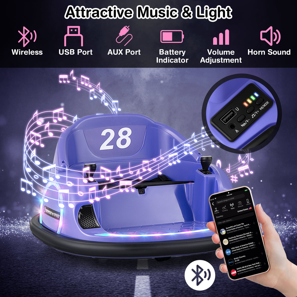12V 360° Ride on Bumper Car for Toddlers with Remote Control-Purple view 9