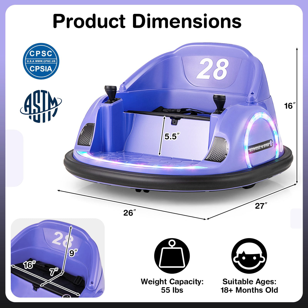 12V 360° Ride on Bumper Car for Toddlers with Remote Control-Purple view 4