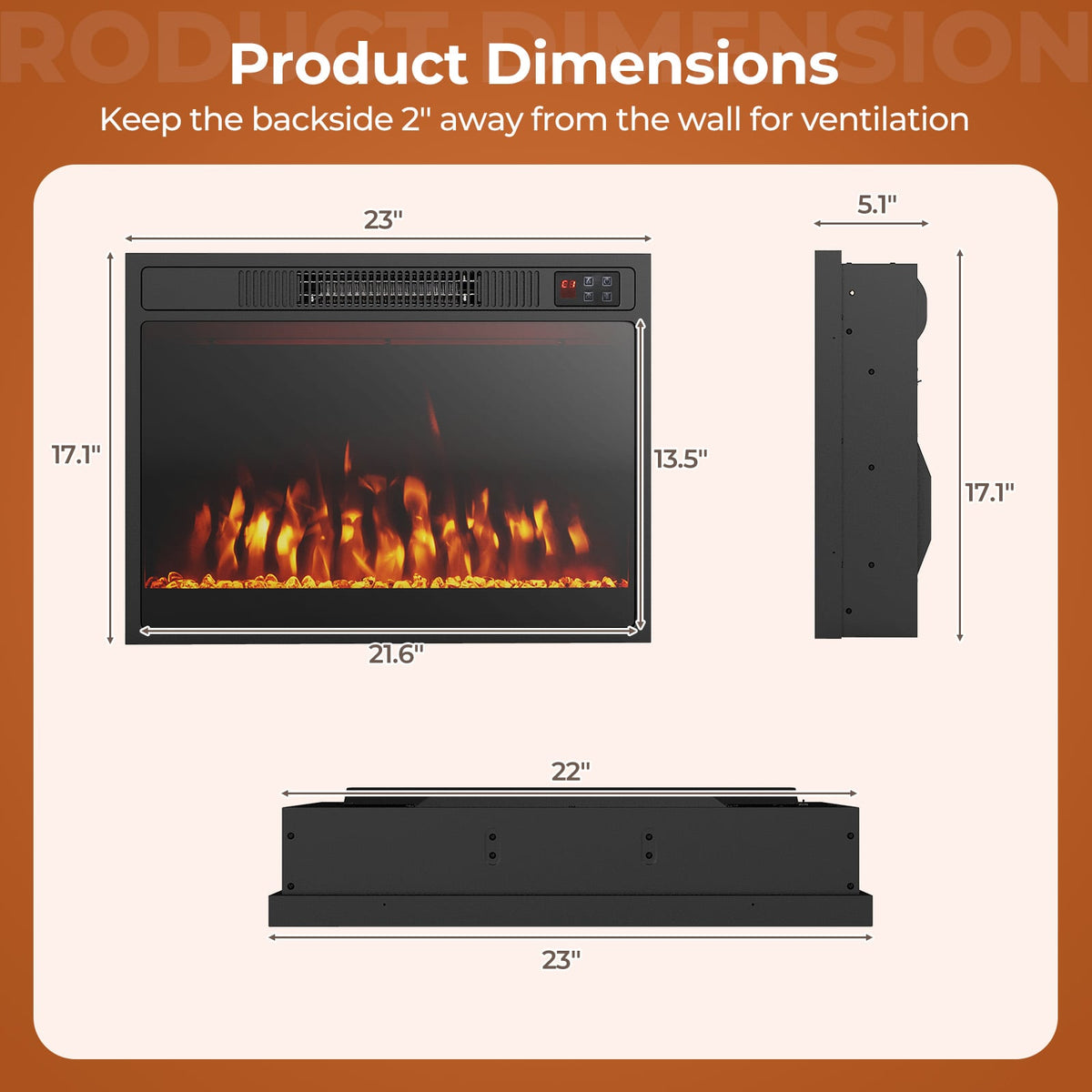 23 Inches 750W/1500W Electric Fireplace Heater with Alter Flame Color and Brightness view 5