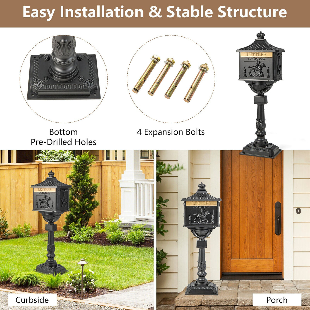 Retro Cast Aluminum Mailbox Security Postal Letter Box with Baffle Door-Black view 9