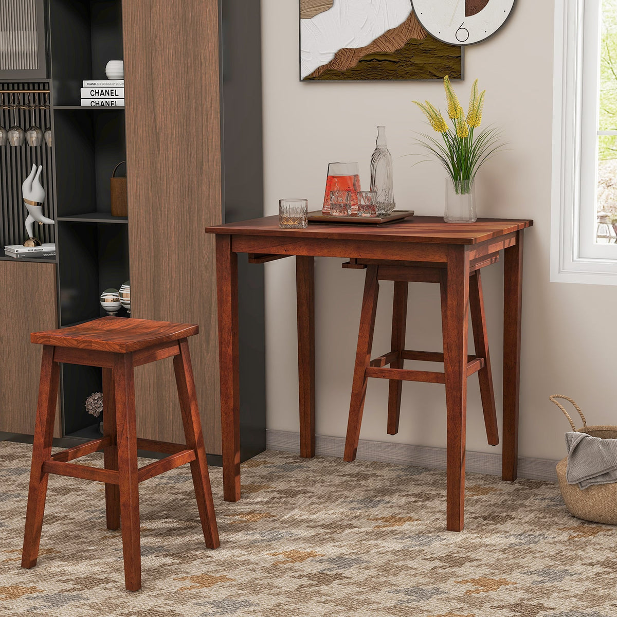 3-Piece Bar Table Set with Pub Table and 2 Saddle Stools-Espresso view 2