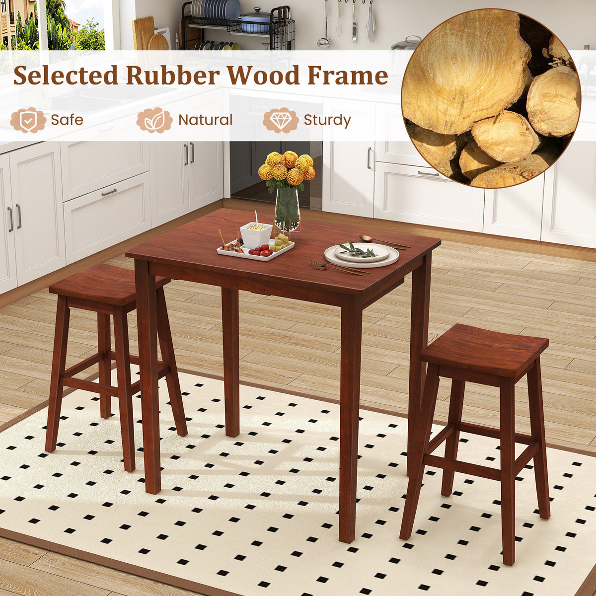 3-Piece Bar Table Set with Pub Table and 2 Saddle Stools-Espresso view 8