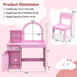 Kids Vanity Table and Chair Set with Shelves Drawer and Cabinet-Pink view 5