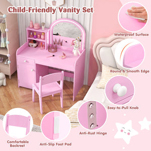 Kids Vanity Table and Chair Set with Shelves Drawer and Cabinet-Pink view 9