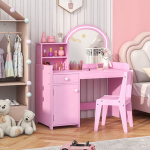 Kids Vanity Table and Chair Set with Shelves Drawer and Cabinet-Pink view 3