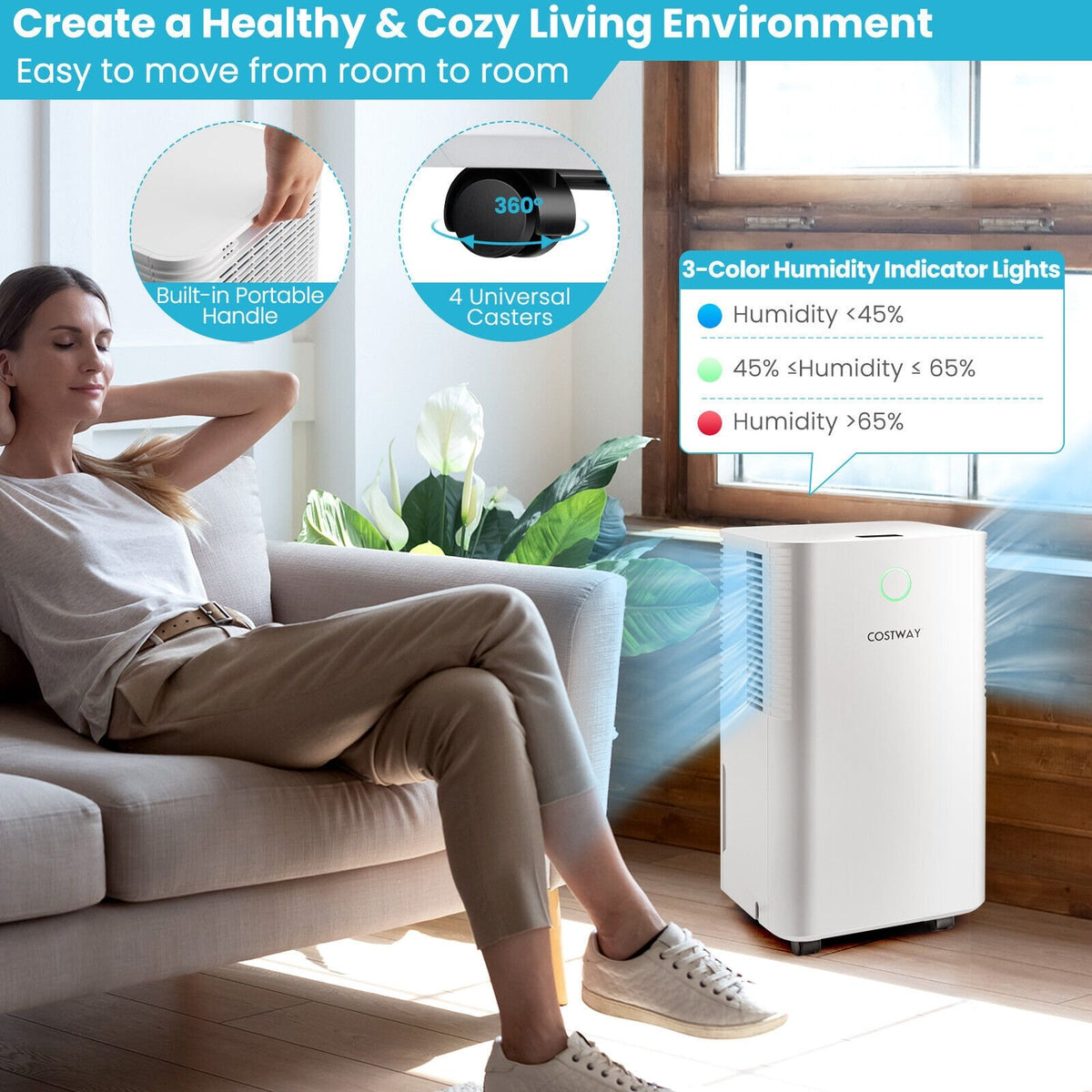 1750 Sq. Ft 32 Pints Dehumidifier with Auto Defrost and 24H Timer Drain Hose-White view 6