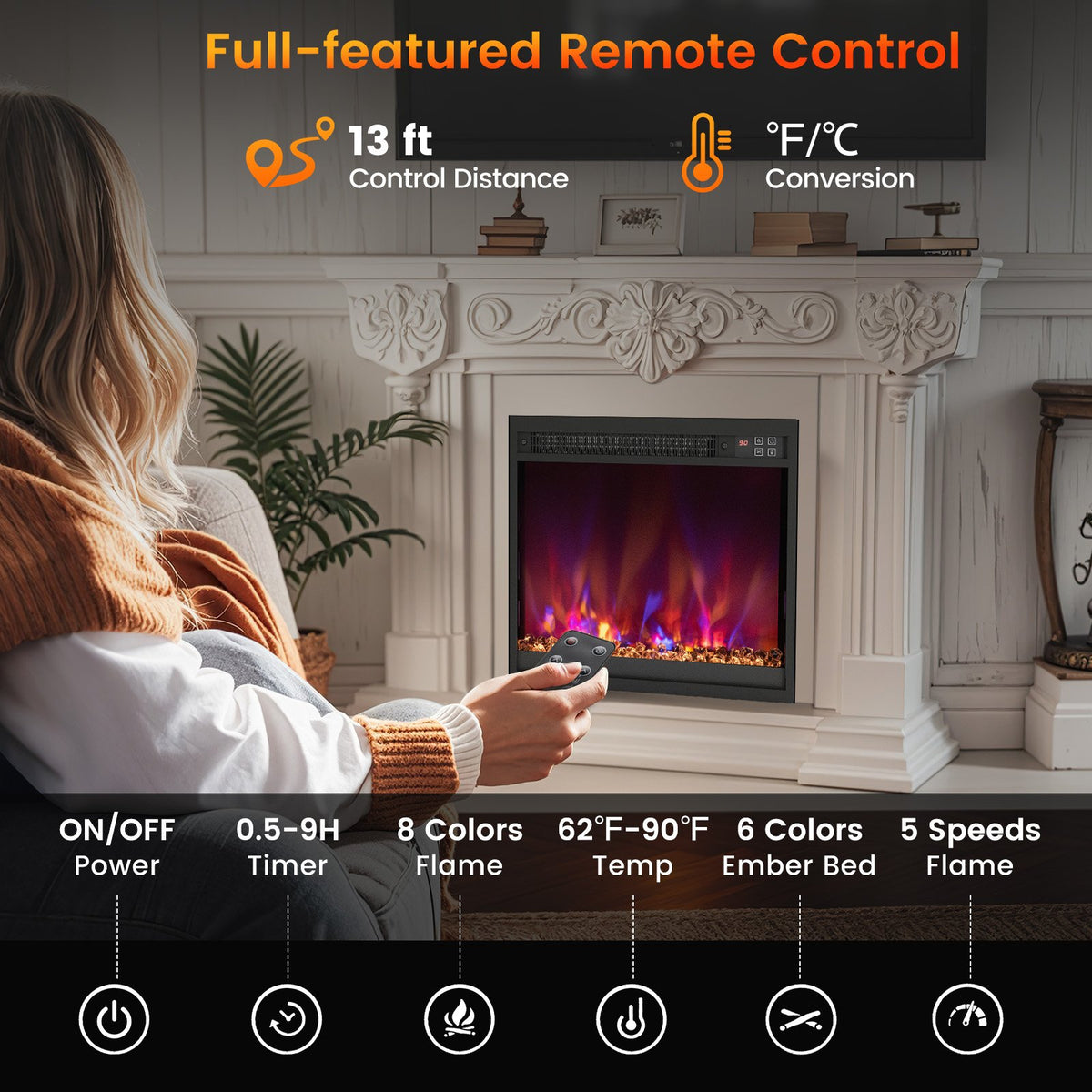 18/23/26 Inch 1500W Electric Fireplace Insert with Remote Control-18 inches view 8