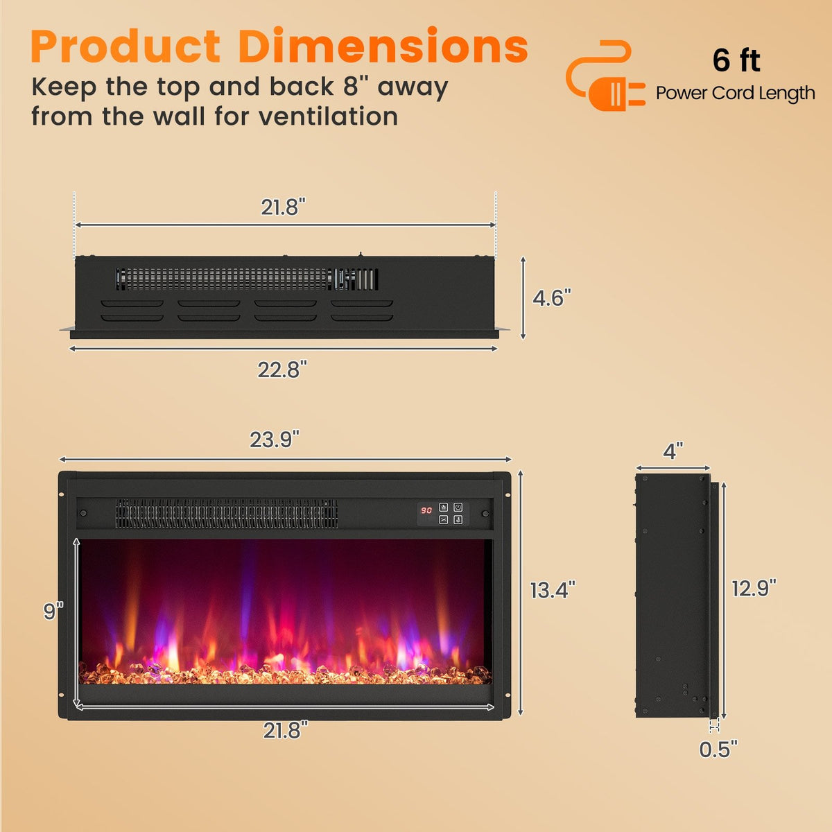 18/23/26 Inch 1500W Electric Fireplace Insert with Remote Control-23 inches view 4