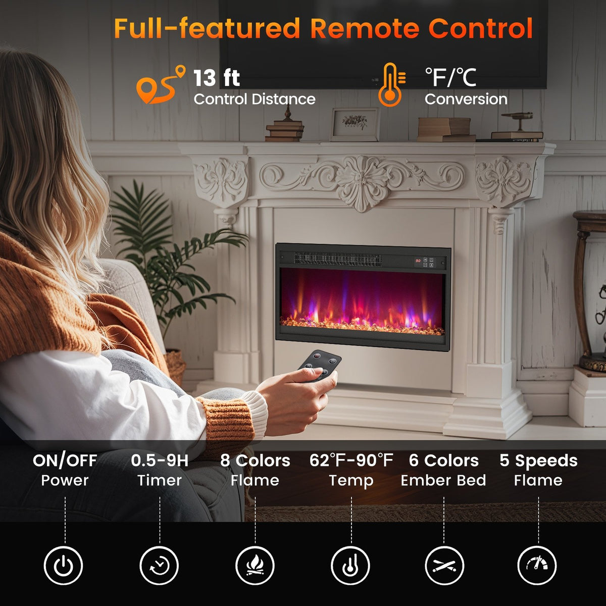 18/23/26 Inch 1500W Electric Fireplace Insert with Remote Control-23 inches view 8