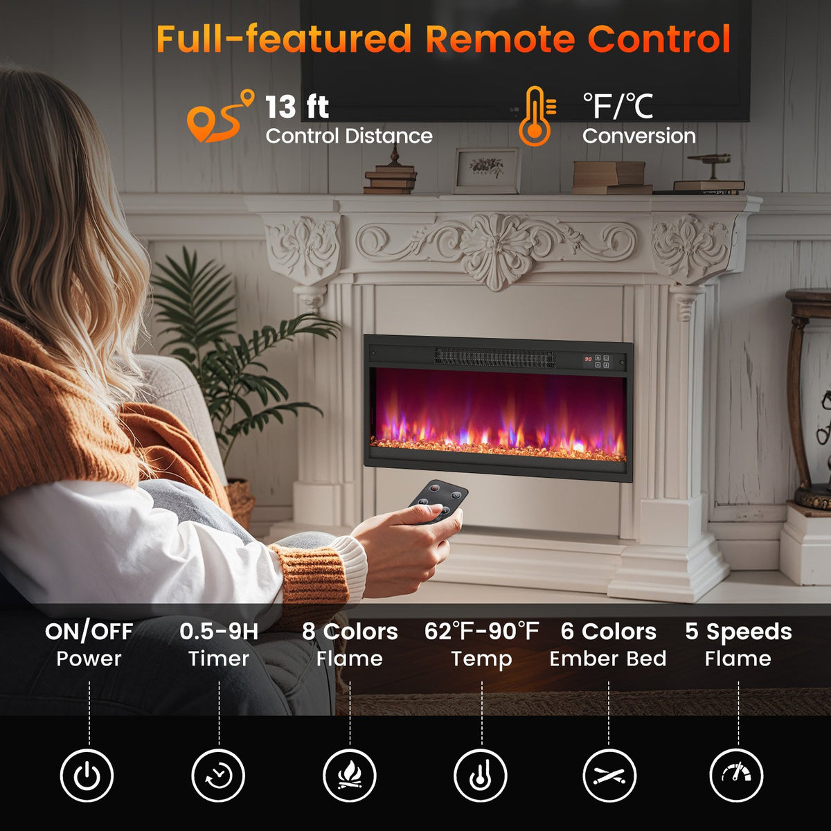18/23/26 Inch 1500W Electric Fireplace Insert with Remote Control-26 inches view 8