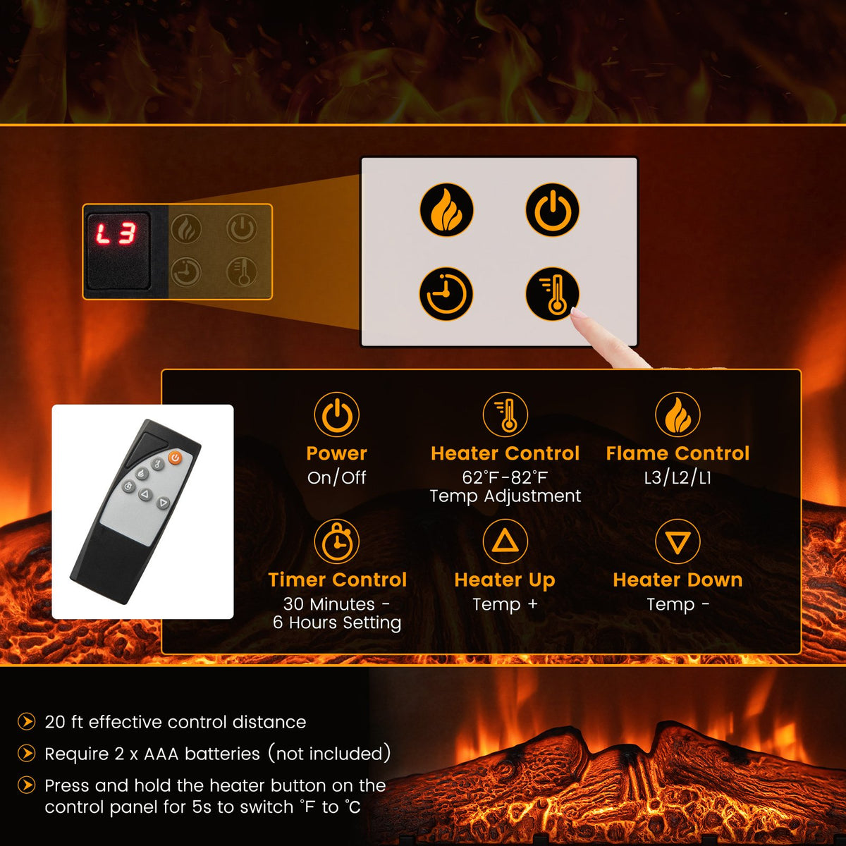 18/23 Inch Electric Fireplace Inserted with Adjustable LED Flame-23 inches view 5