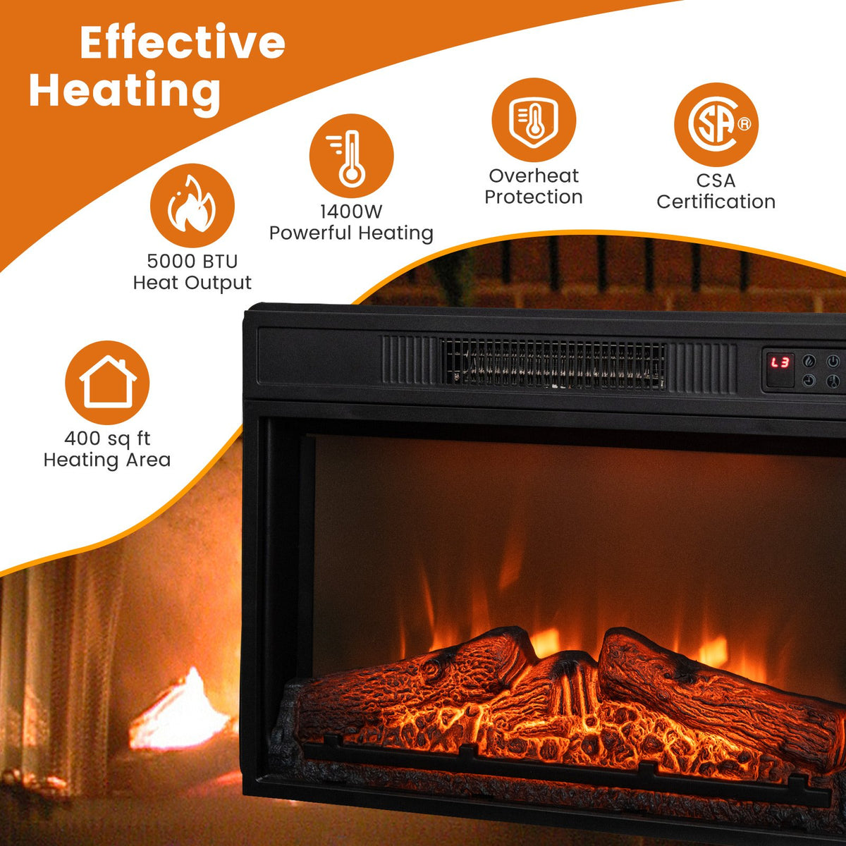 18/23 Inch Electric Fireplace Inserted with Adjustable LED Flame-23 inches view 9