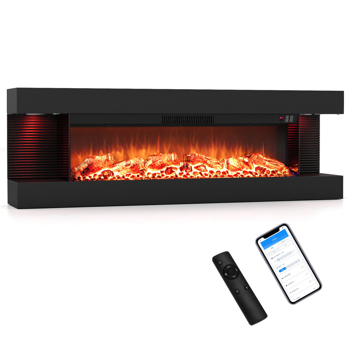 3-Sided Black Wall Mount Electric WiFi Fireplace with Floating Mantel and 12 Flame Ambient-50 Inches