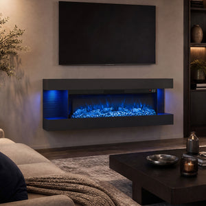 3-Sided Black Wall Mount Electric WiFi Fireplace with Floating Mantel and 12 Flame Ambient-50 Inches view 3