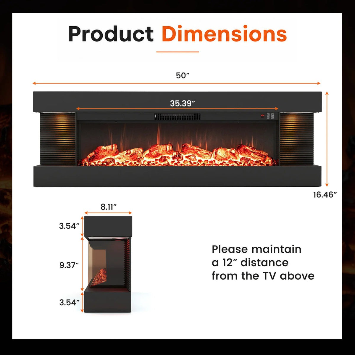 3-Sided Black Wall Mount Electric WiFi Fireplace with Floating Mantel and 12 Flame Ambient-50 Inches view 4