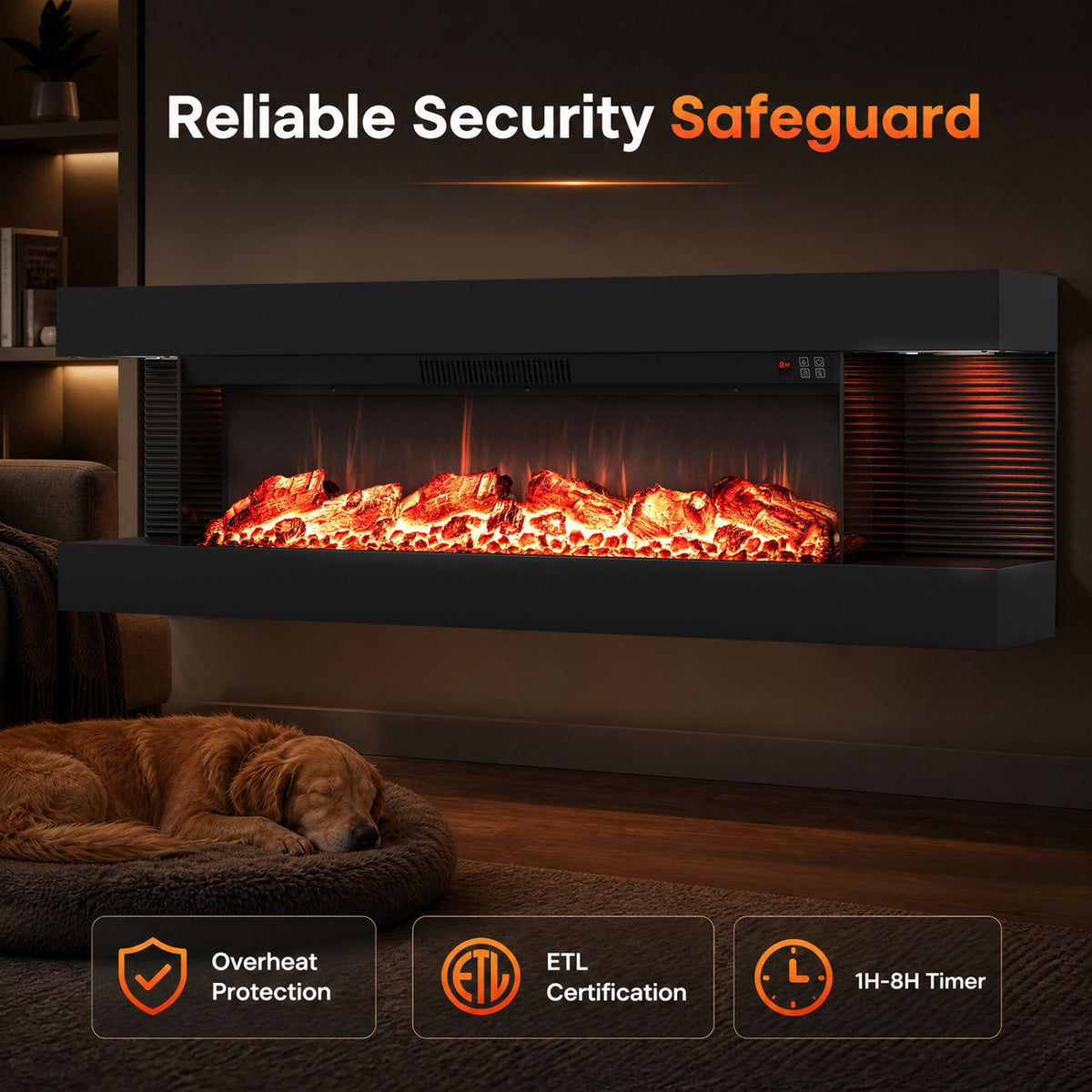 3-Sided Black Wall Mount Electric WiFi Fireplace with Floating Mantel and 12 Flame Ambient-50 Inches view 7