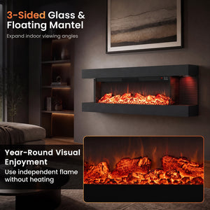 3-Sided Black Wall Mount Electric WiFi Fireplace with Floating Mantel and 12 Flame Ambient-50 Inches view 8