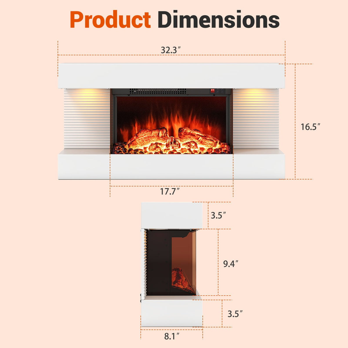 18/36 Inch 3-Sided Wall Mounted Electric Fireplace with 32/50 Inch Wide Floating Mantle-32 Inch view 4