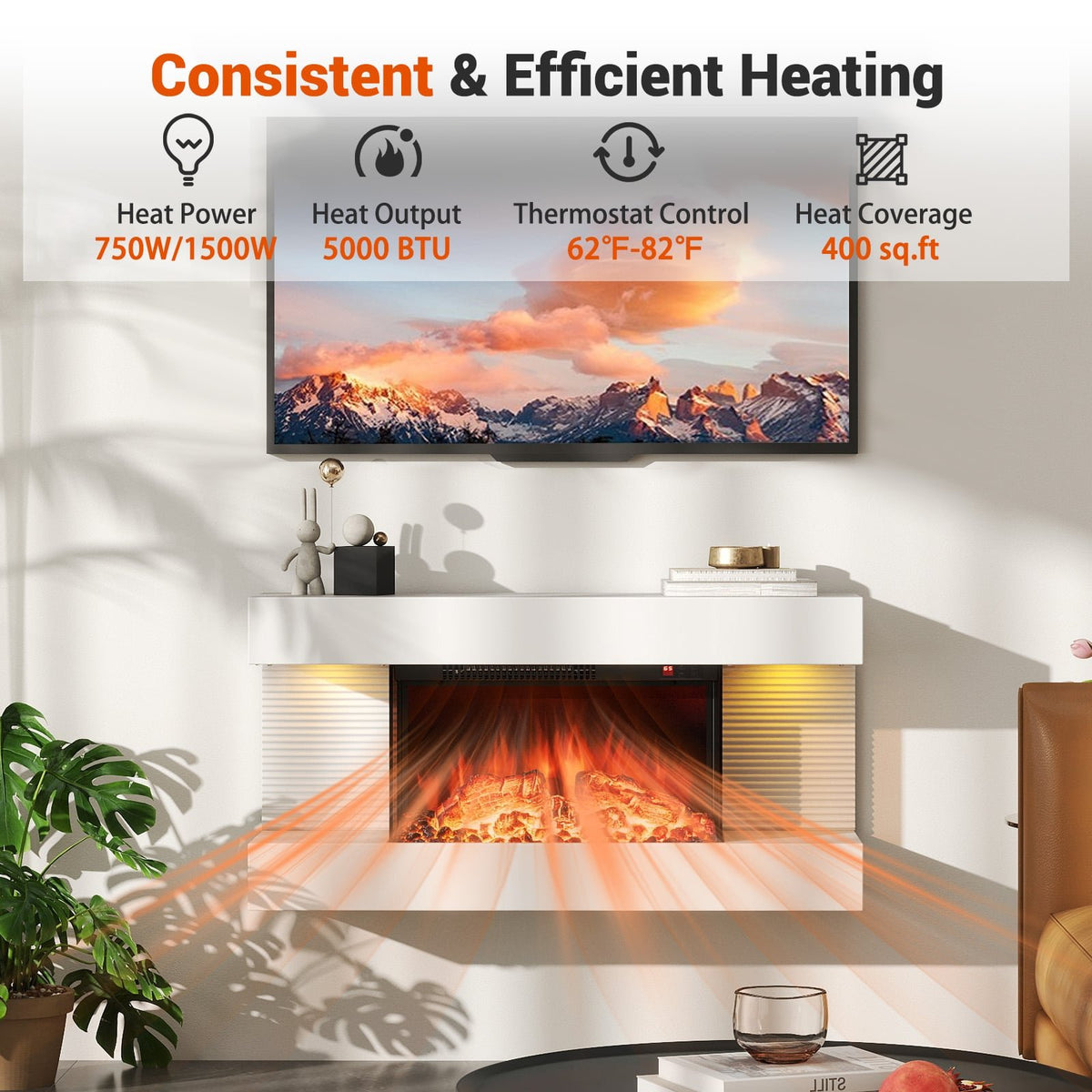 18/36 Inch 3-Sided Wall Mounted Electric Fireplace with 32/50 Inch Wide Floating Mantle-32 Inch view 7