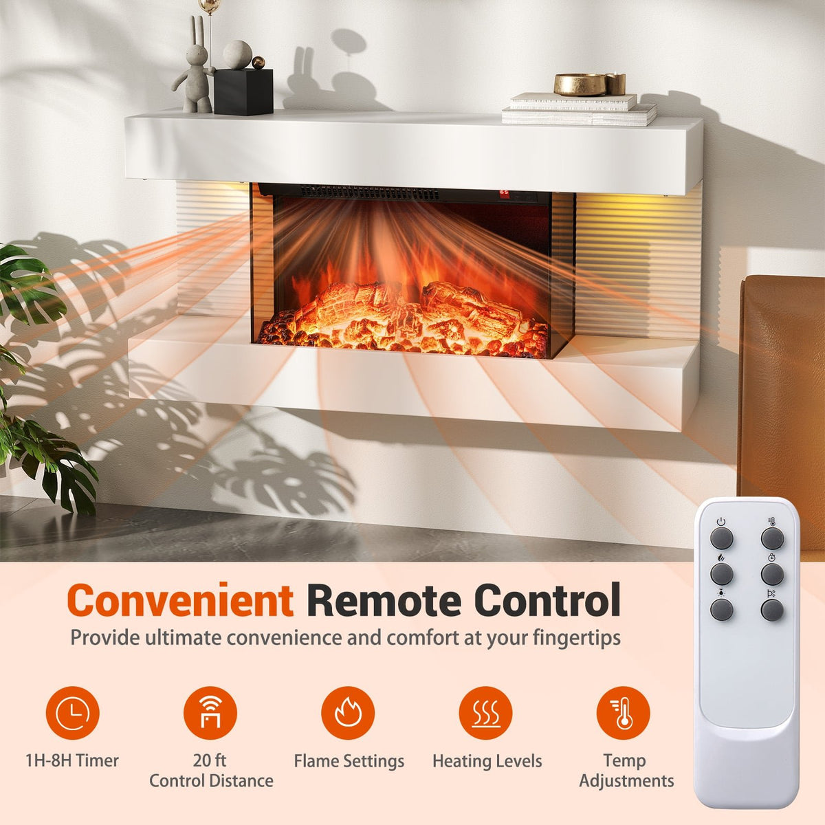 18/36 Inch 3-Sided Wall Mounted Electric Fireplace with 32/50 Inch Wide Floating Mantle-32 Inch view 8