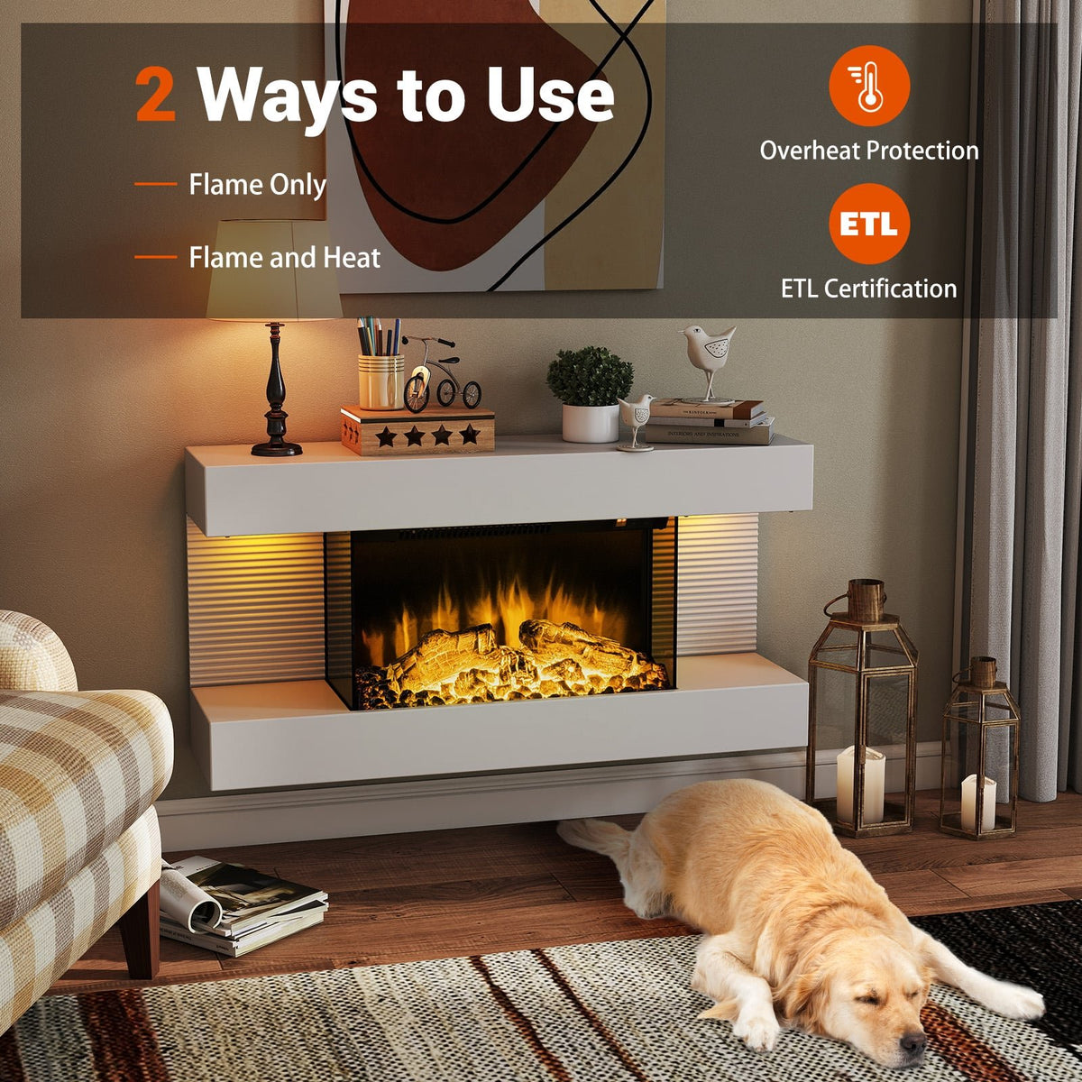 18/36 Inch 3-Sided Wall Mounted Electric Fireplace with 32/50 Inch Wide Floating Mantle-32 Inch view 9