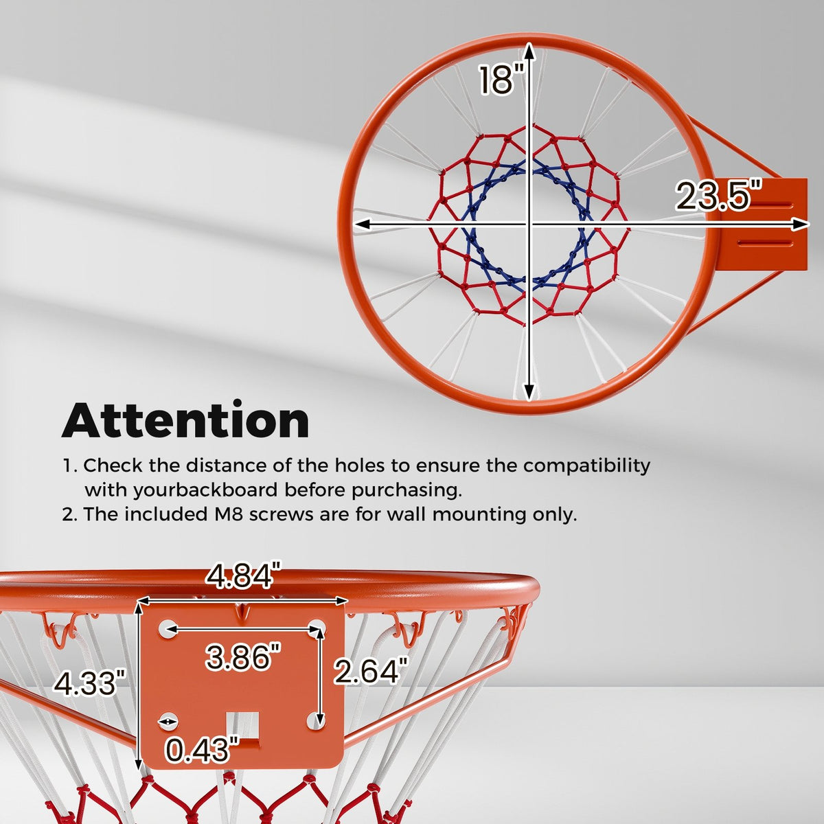 18 inches Basketball Rim Heavy Duty Wall Mounted Basketball Rim Goal Replacement-Orange view 5