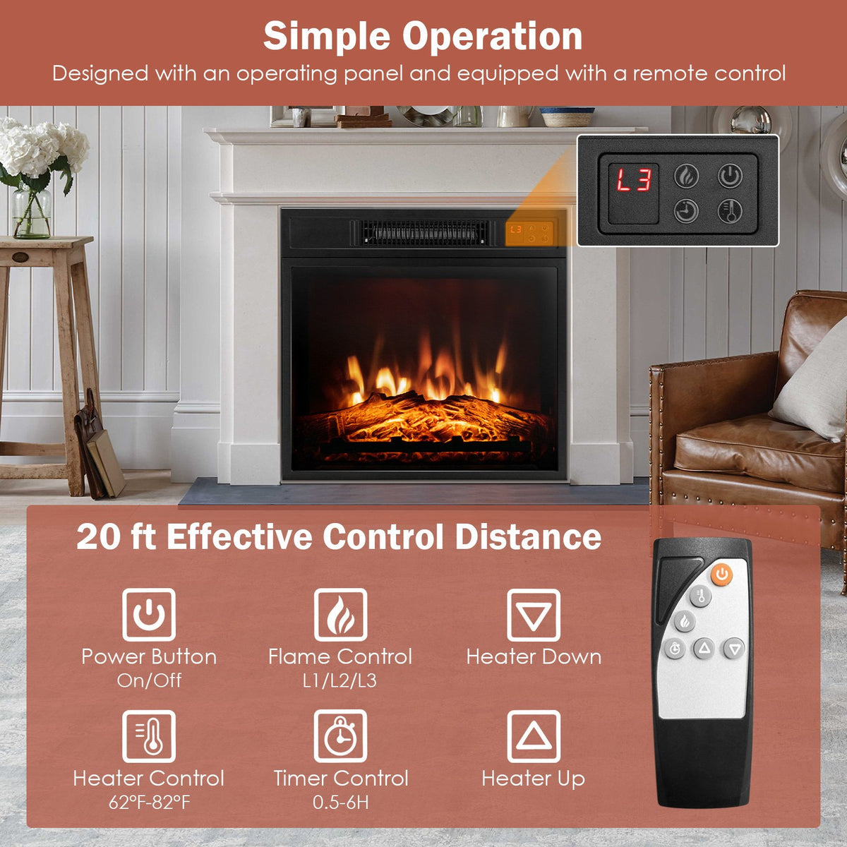 18 Inch Electric Fireplace Inserted with Adjustable LED Flame view 8