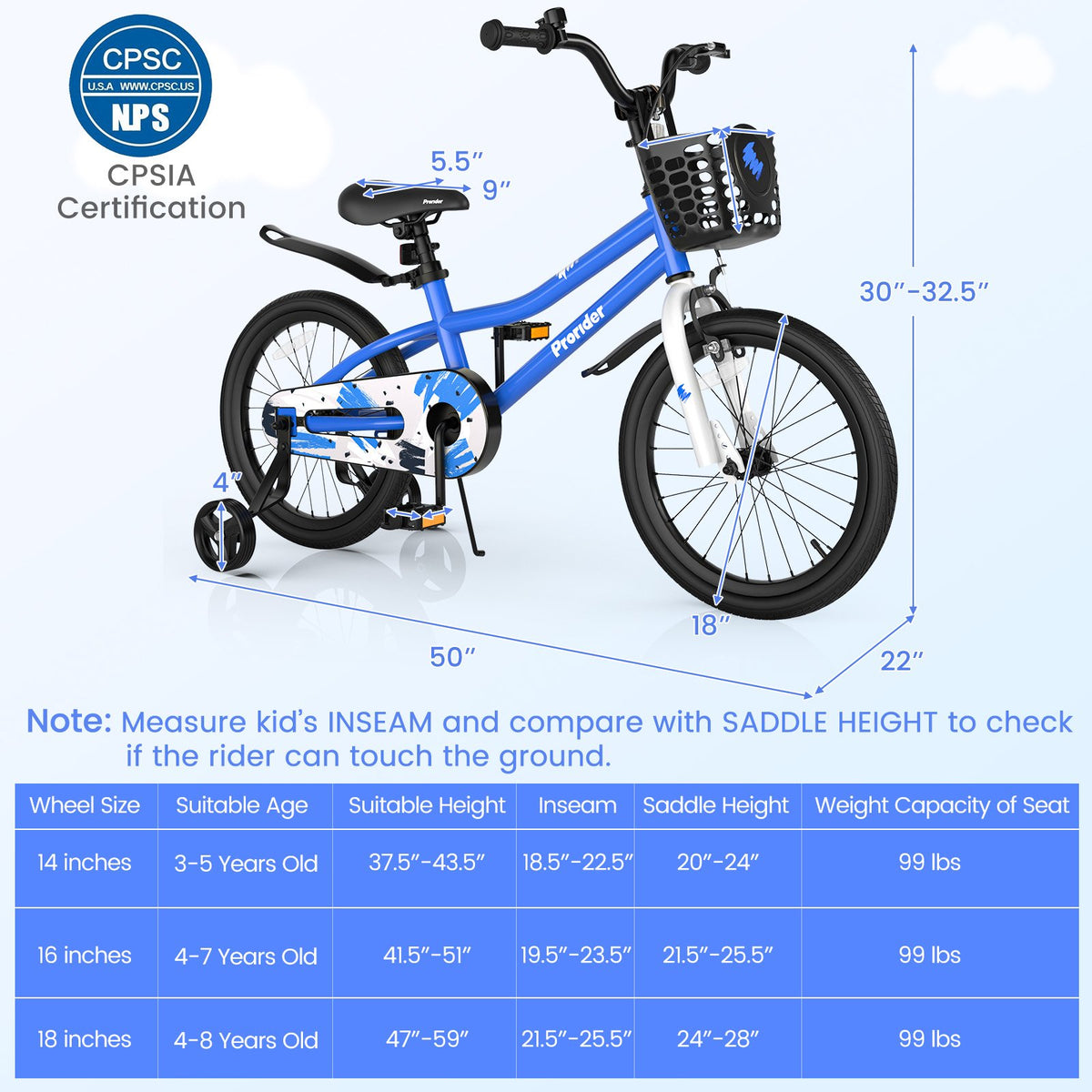 18 Feet Kids Bike with Removable Training Wheels-Blue view 5