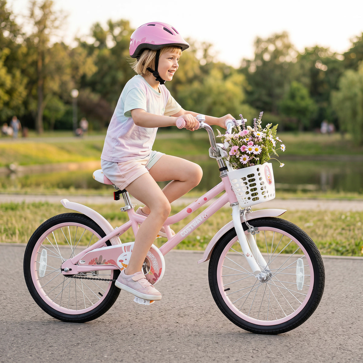 18 Inch Adjustable Seat Kids Bike with Front Basket Handlebar and Training Wheels-Pink view 2