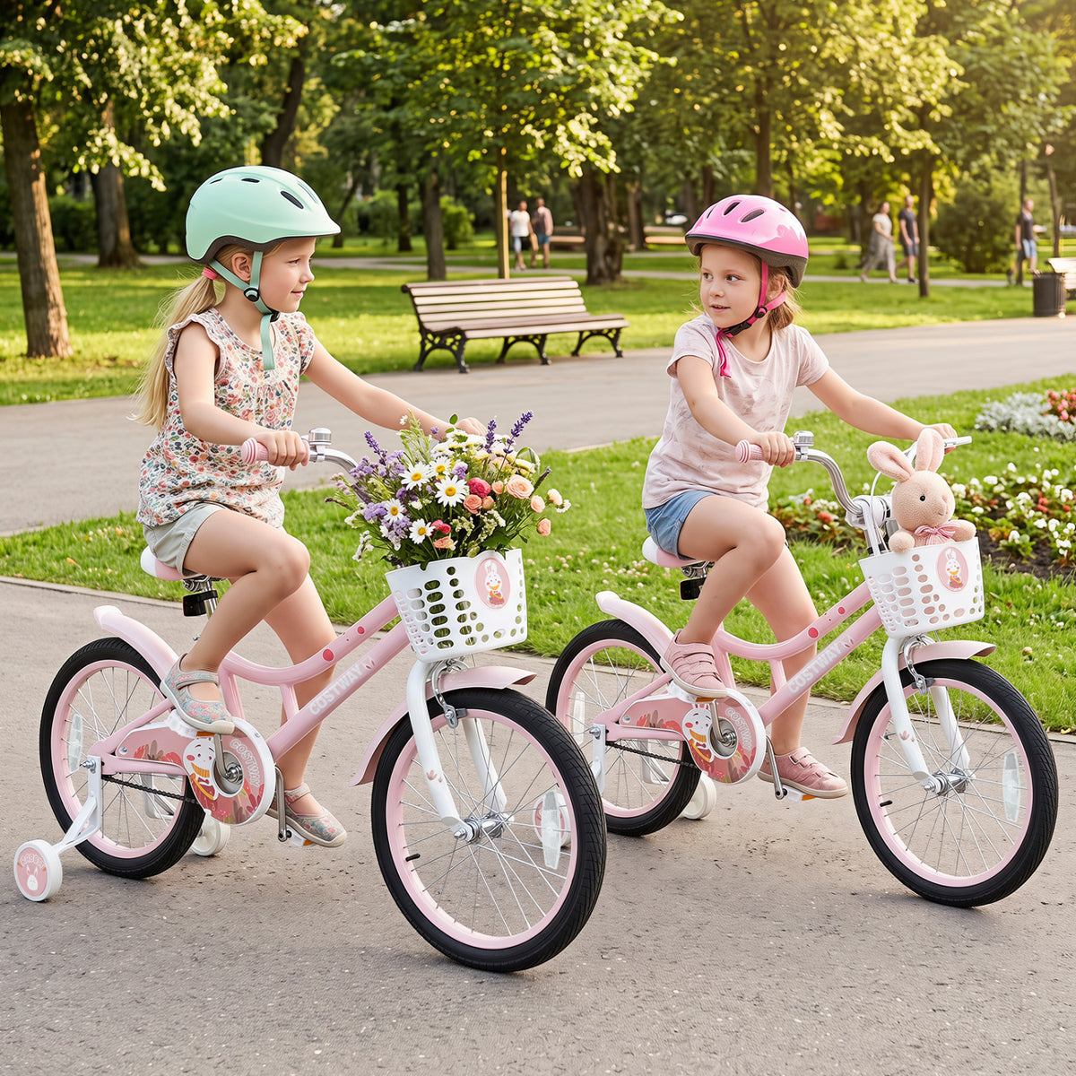 18 Inch Adjustable Seat Kids Bike with Front Basket Handlebar and Training Wheels-Pink view 3