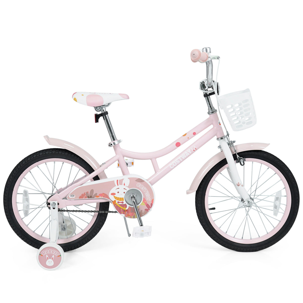 18 Inch Adjustable Seat Kids Bike with Front Basket Handlebar and Training Wheels-Pink view 4