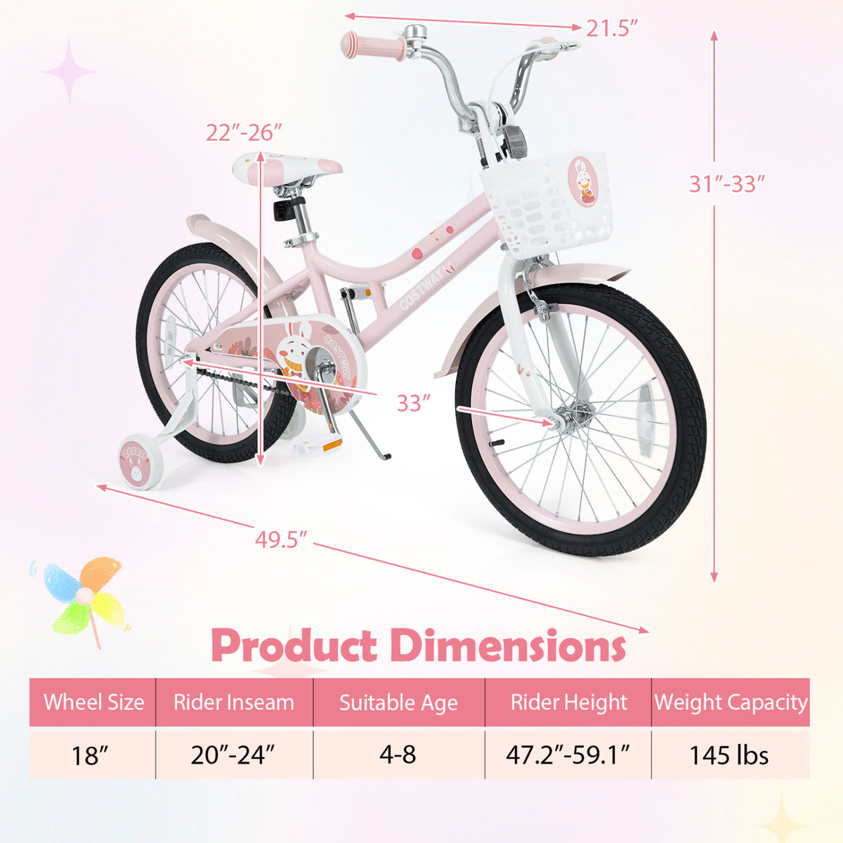 18 Inch Adjustable Seat Kids Bike with Front Basket Handlebar and Training Wheels-Pink view 5
