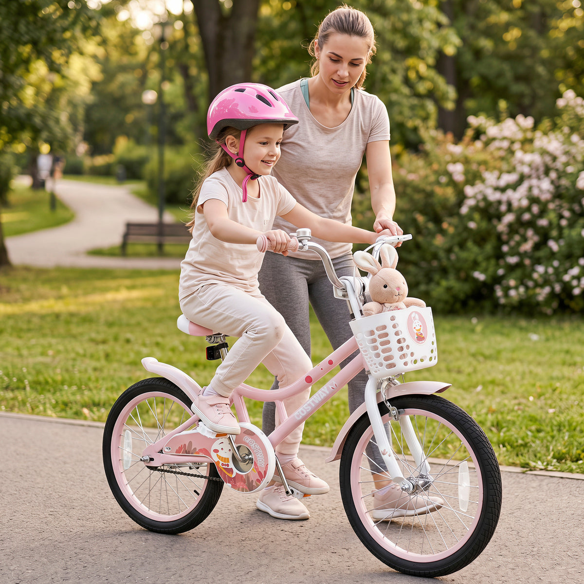 18 Inch Adjustable Seat Kids Bike with Front Basket Handlebar and Training Wheels-Pink view 6