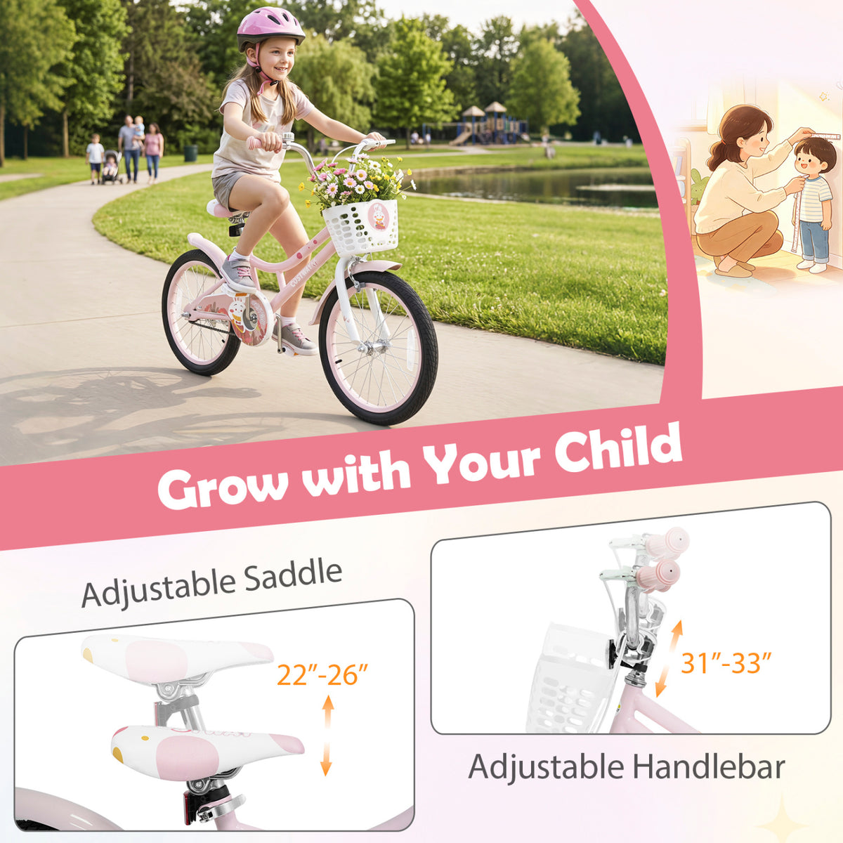 18 Inch Adjustable Seat Kids Bike with Front Basket Handlebar and Training Wheels-Pink view 7