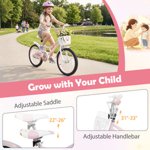 18 Inch Adjustable Seat Kids Bike with Front Basket Handlebar and Training Wheels-Pink view 7