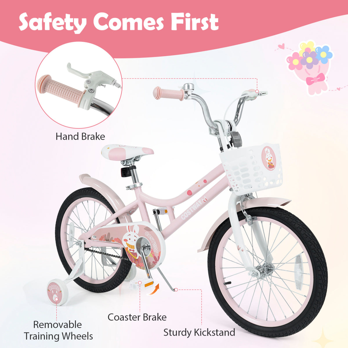 18 Inch Adjustable Seat Kids Bike with Front Basket Handlebar and Training Wheels-Pink view 8