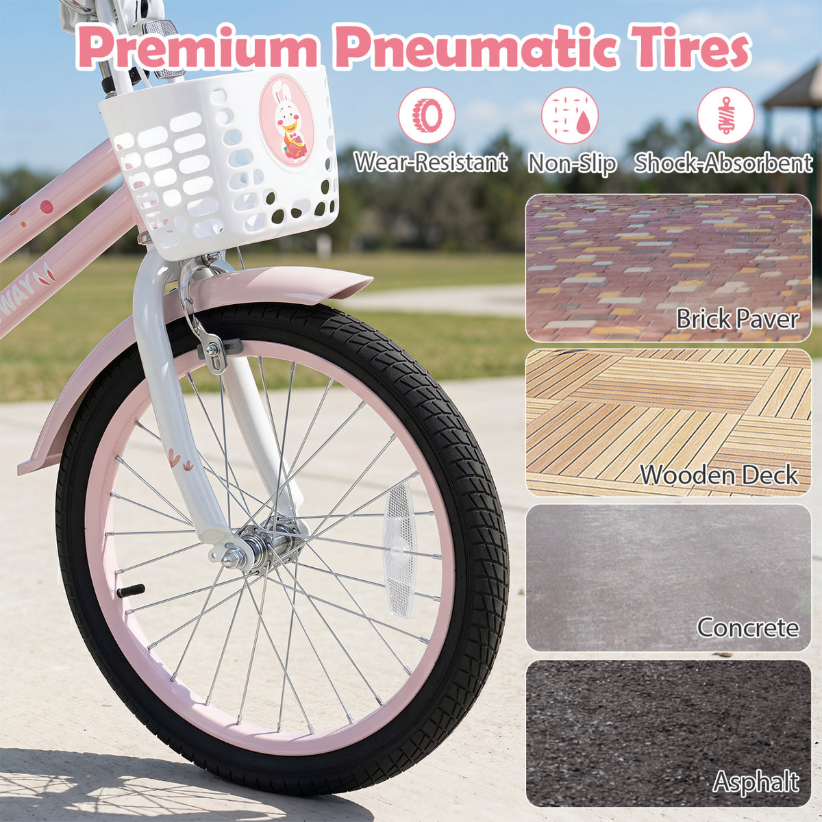 18 Inch Adjustable Seat Kids Bike with Front Basket Handlebar and Training Wheels-Pink view 9