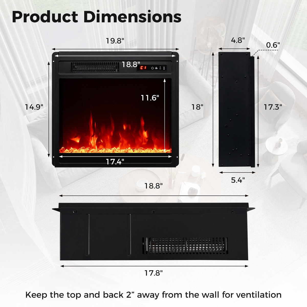 18 Inch Electric Fireplace Insert Fireplace Heater with Overheat Protection view 4