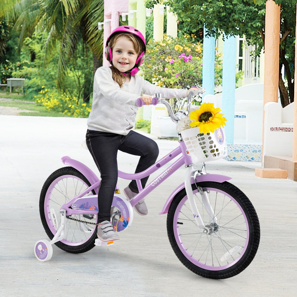 18 Inch Girl Bike with Basket with Detachable Training Wheels for 4-8 Years Old-18 inches view 2