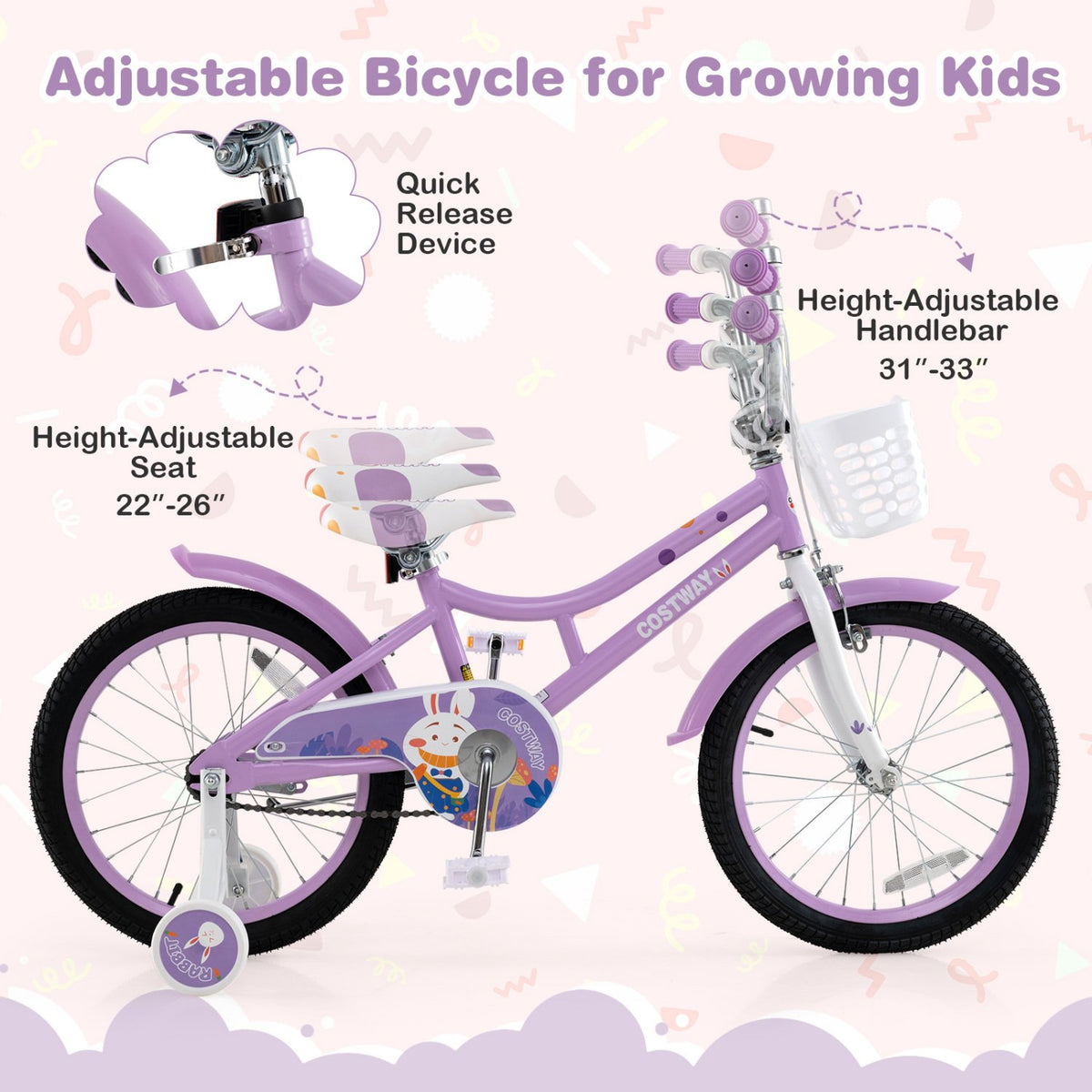 18 Inch Girl Bike with Basket with Detachable Training Wheels for 4-8 Years Old-18 inches view 5