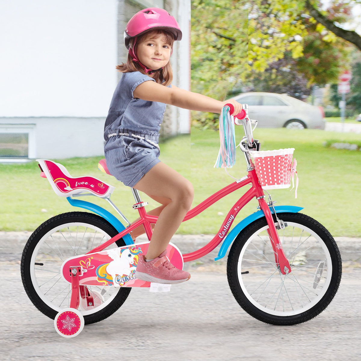 18 Inch Girls Bike for 3-5 Years Old Kids Bike with Doll Seat and Training Wheels view 3