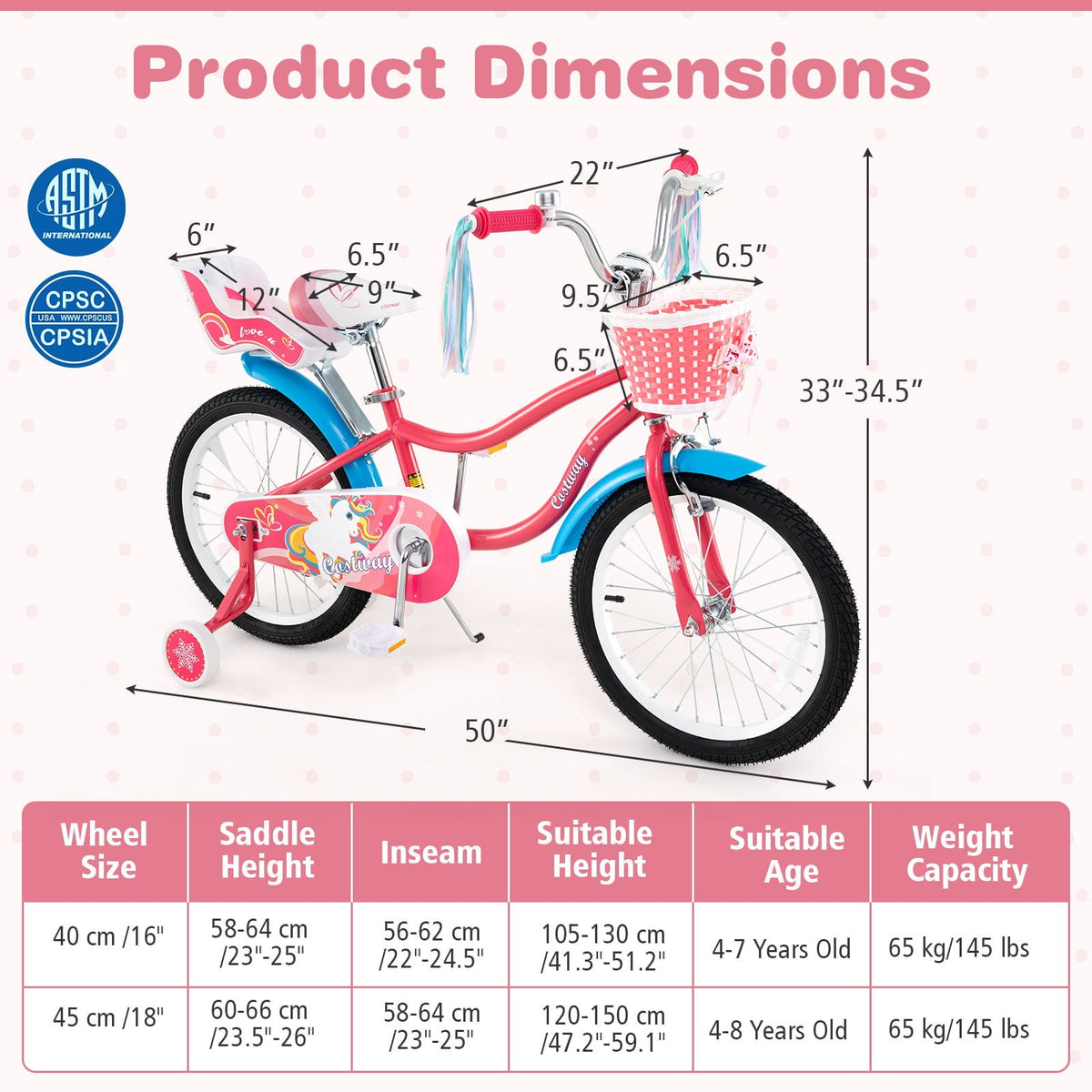 18 Inch Girls Bike for 3-5 Years Old Kids Bike with Doll Seat and Training Wheels view 4